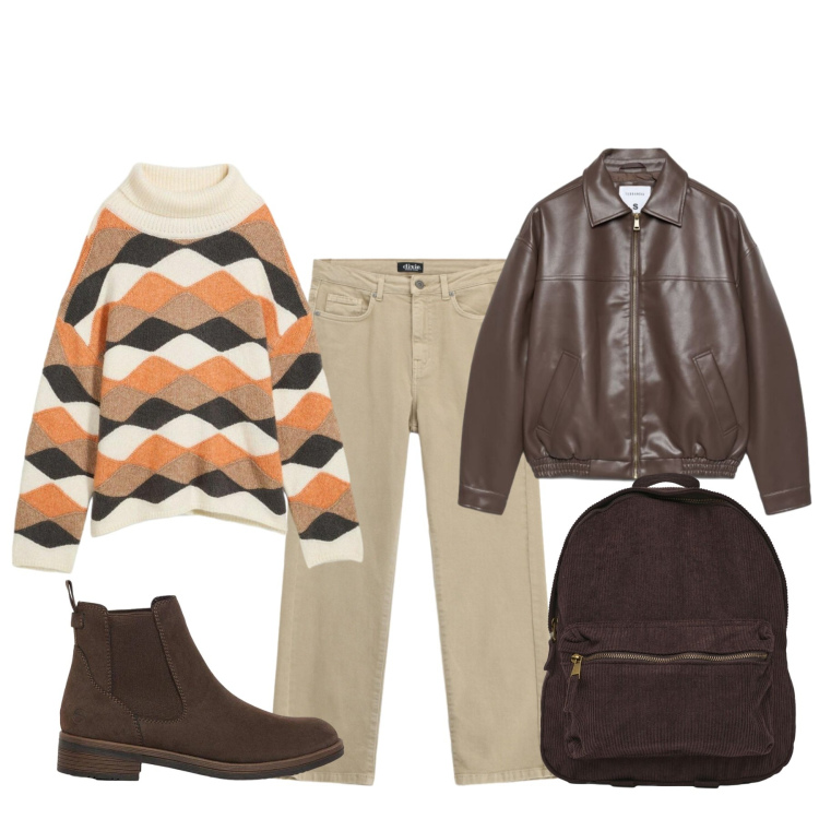 Outfit donna - Weekend in montagna. Stile Basic per Tutti i giorni. Abbinamento con maglieria, stivaletti, jeans dritti, zaini, bomber.