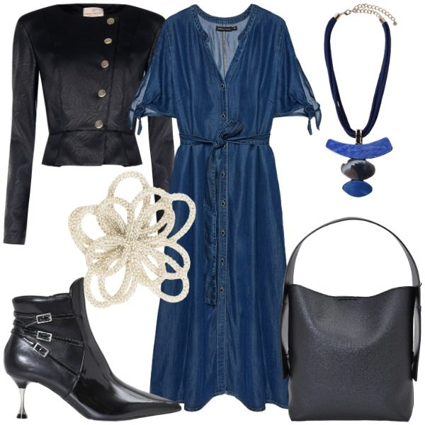 Outfit donna - L\'abito chemisier autunnale Curvy. Stile Glamour per Tutti i giorni. Abbinamento con giacche, borse a spalla, stivaletti, vestiti chemisier, ciondoli, accessori per capelli.