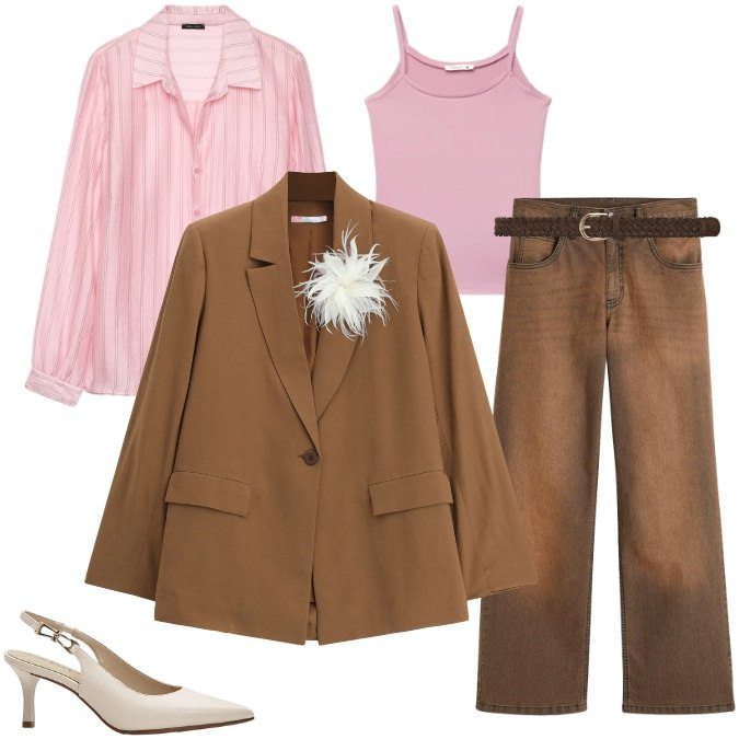 Outfit donna - La spilla a fiore piumata - Settembre. Stile Chic per Ufficio. Abbinamento con jeans, décolleté, blazer, cinture, canottiere, camicie.