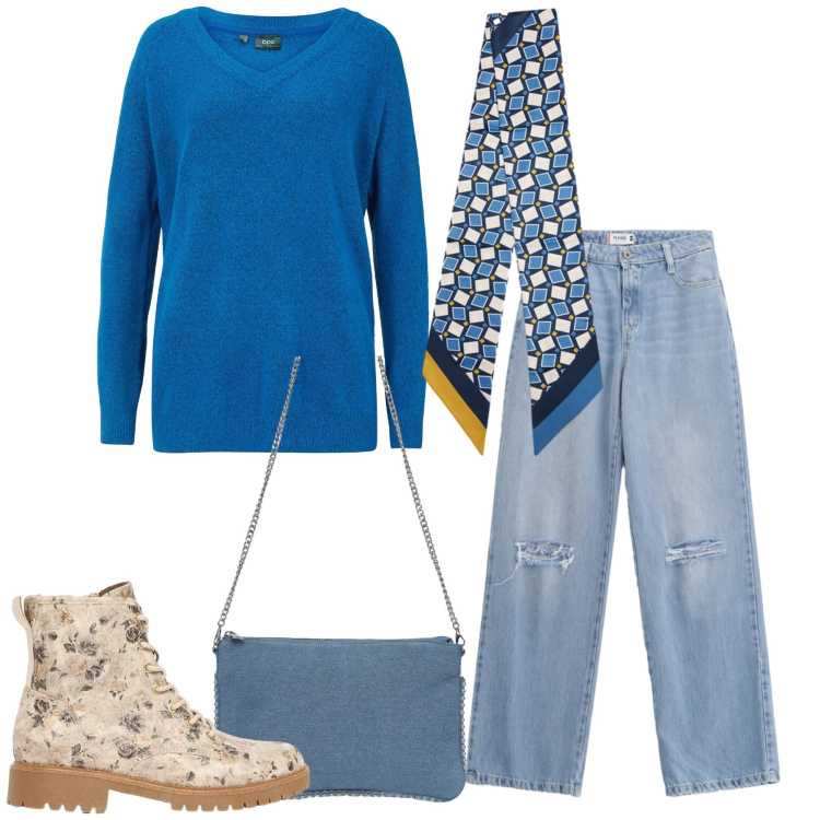 Outfit donna - Giuliana. Stile Casual chic per Tutti i giorni. Abbinamento con maglieria, anfibi, borse a tracolla, jeans strappati, foulard.