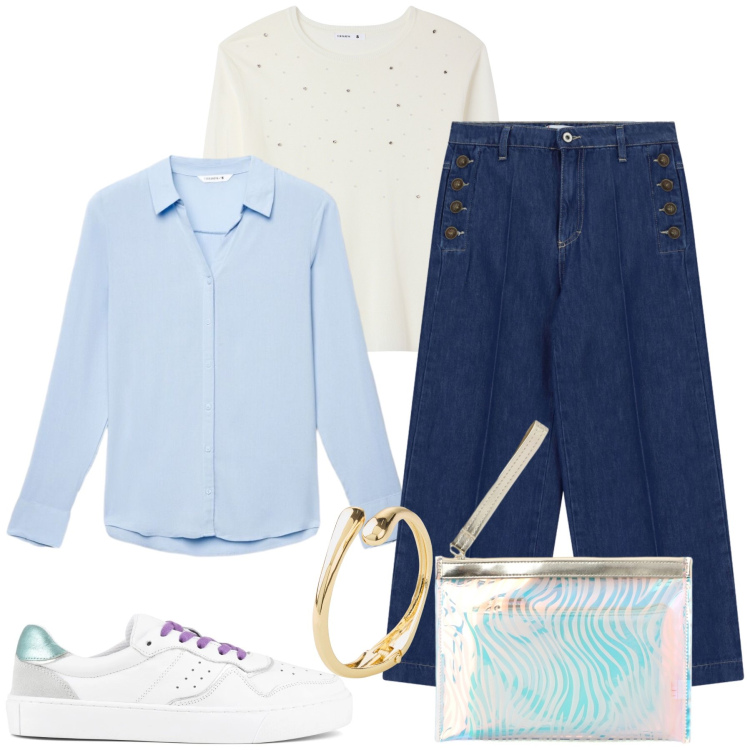 Outfit donna - Annalisa. Stile Casual chic per Tutti i giorni. Abbinamento con braccialetti, pochette, camicie, maglieria, jeans, sneakers.