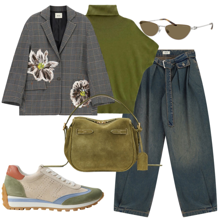 Outfit donna - Rilassata e alla moda. Stile Casual chic per Tutti i giorni. Abbinamento con t-shirt, jeans, blazer, borse a mano, occhiali da sole, sneakers.