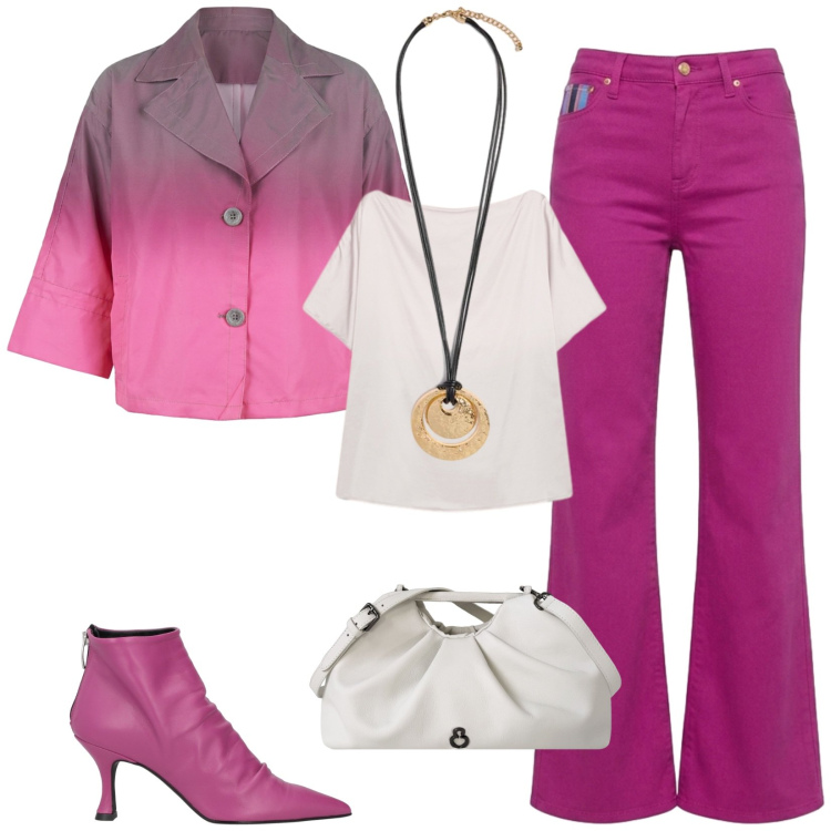 Outfit donna - Total look #2471996. Stile Casual chic per Serata fuori. Abbinamento con stivaletti, pantaloni, ciondoli, bluse, clutch, cappotti.