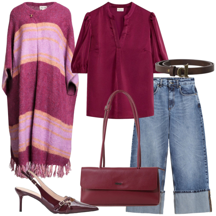 Outfit donna - Riccarda. Stile Glamour per Tutti i giorni. Abbinamento con cappe, tuniche, jeans, cinture, borse a spalla, décolleté.