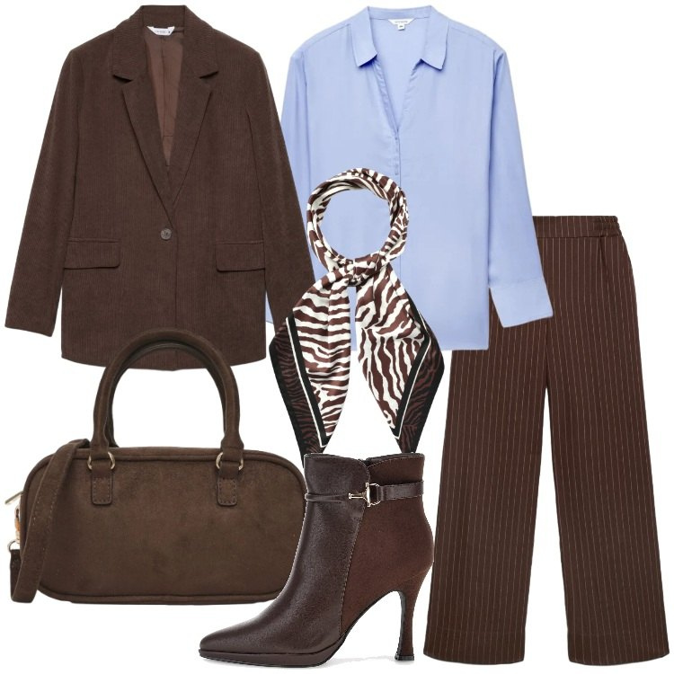 Outfit donna - Terranova - Curvy Back To. Stile Casual chic per Ufficio. Abbinamento con pantaloni, foulard, borse a tracolla, blazer, camicie, stivaletti.