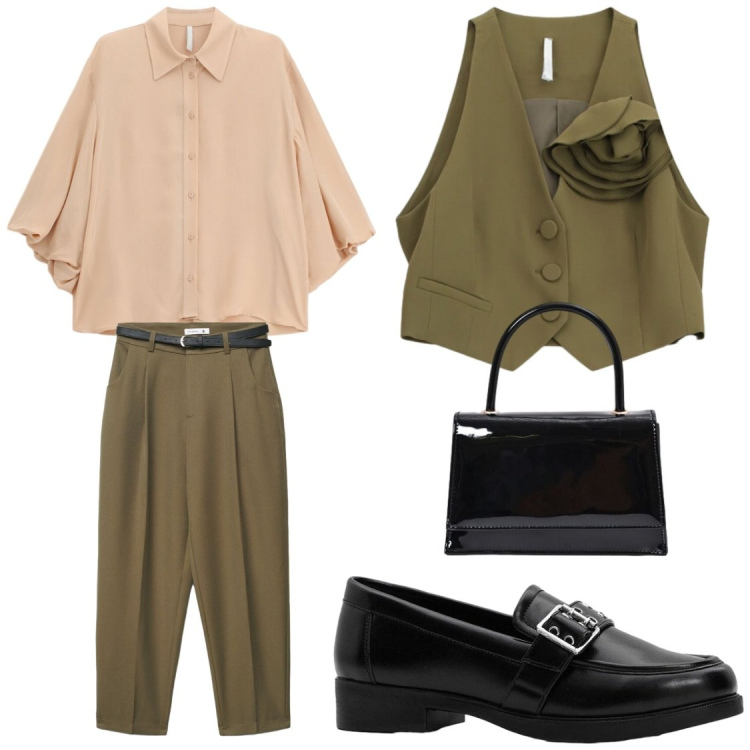 Outfit donna - Chic urban layering. Stile Casual chic per Ufficio. Abbinamento con mocassini, camicie, gilet, pantaloni chino, borse a mano.