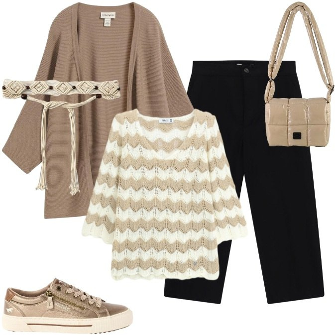 Outfit donna - Total look #2472009. Stile Chic per Tutti i giorni. Abbinamento con cardigans, sneakers, cinture, maglieria, pantaloni capri, borse a spalla.