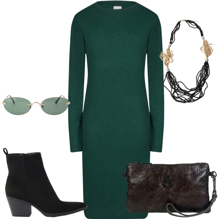 Outfit donna - Verde bosco. Stile Casual chic per Tutti i giorni. Abbinamento con stivaletti texani, collane, occhiali da sole, vestiti midi/longuette, pochette.