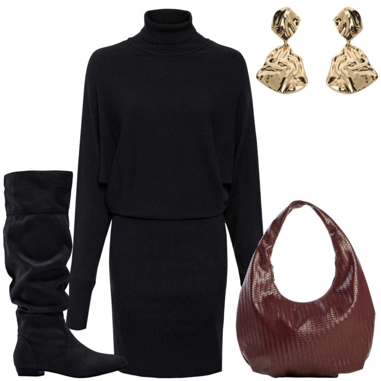 Outfit donna - Carla. Stile Casual chic per Tutti i giorni. Abbinamento con vestiti, stivali, borse a spalla, orecchini.