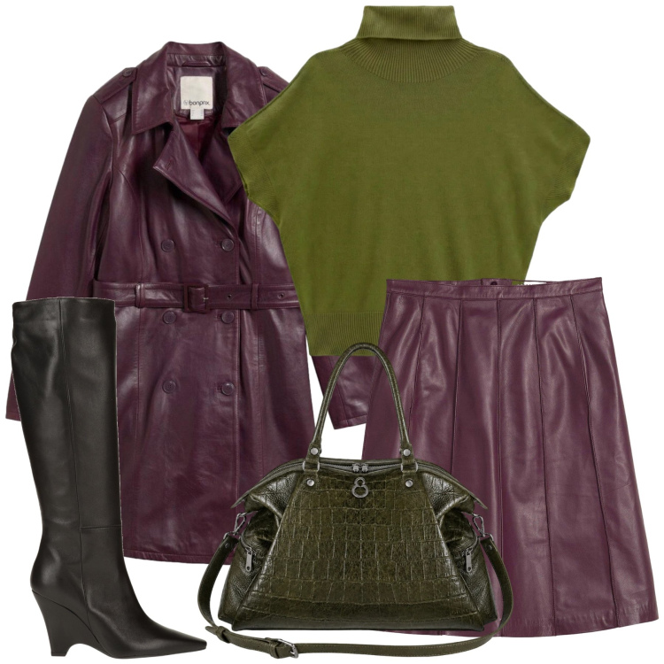 Outfit donna - Letizia. Stile Glamour per Tutti i giorni. Abbinamento con stivali, gonne, trench, t-shirt, shopping bag.