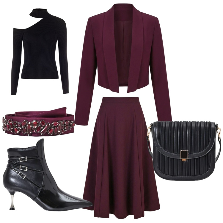 Outfit donna - Eleganza con Rinascimento. Stile Chic per Serata fuori. Abbinamento con gonne lunghe, borse a tracolla, stivaletti, blazer, maglieria, cinture.
