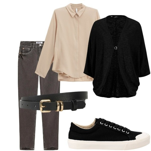 Outfit donna - Serate di settembre. Stile Casual per Tutti i giorni. Abbinamento con jeans mom, cardigans, cinture, camicie, sneakers.