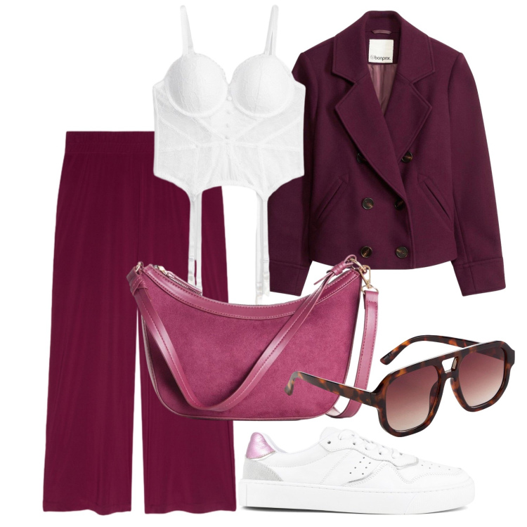 Outfit donna - Settembre. Stile Casual chic per Tutti i giorni. Abbinamento con borse a tracolla, occhiali da sole, body, blazer, pantaloni, sneakers.