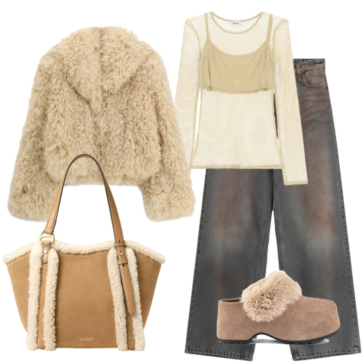 Outfit donna - Cozy. Stile Glamour per Tutti i giorni. Abbinamento con top, ecopellicce, jeans dritti, borse tote, zoccoli.