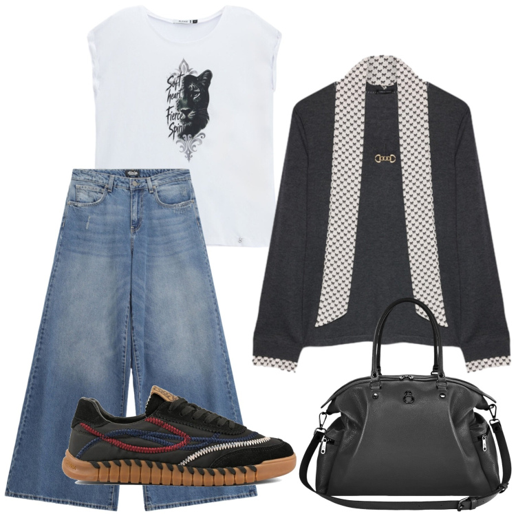 Outfit donna - Total look #2472044. Stile Casual per Ufficio. Abbinamento con jeans, t-shirt, maglieria, shopping bag, sneakers.