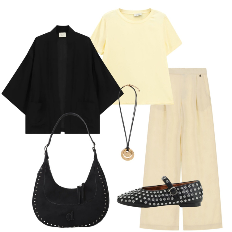 Outfit donna - La ballerina borchiata. Stile Casual per Ufficio. Abbinamento con borse a spalla, t-shirt, blazer, ballerine, pantaloni a palazzo, ciondoli.