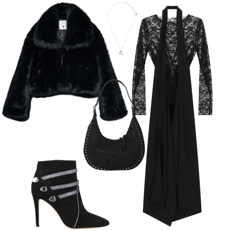 Outfit donna - Chic rock Melissa serata speciale. Stile Chic per Serata fuori. Abbinamento con stivaletti, vestiti lunghi, borse a spalla, blazer, ciondoli.