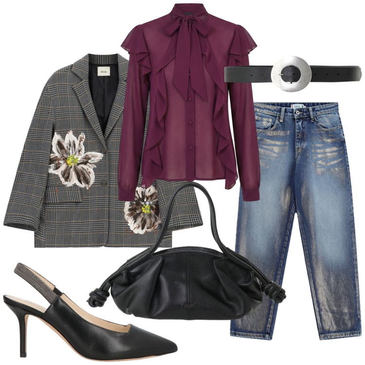 Outfit donna - Total look #2472048. Stile Trendy per Serata fuori. Abbinamento con décolleté, blazer, borse a mano, cinture, bluse, jeans.