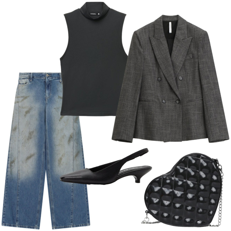Outfit donna - Jeans e blazer. Stile Casual chic per Tutti i giorni. Abbinamento con décolleté, blazer, borse a tracolla, top, jeans.