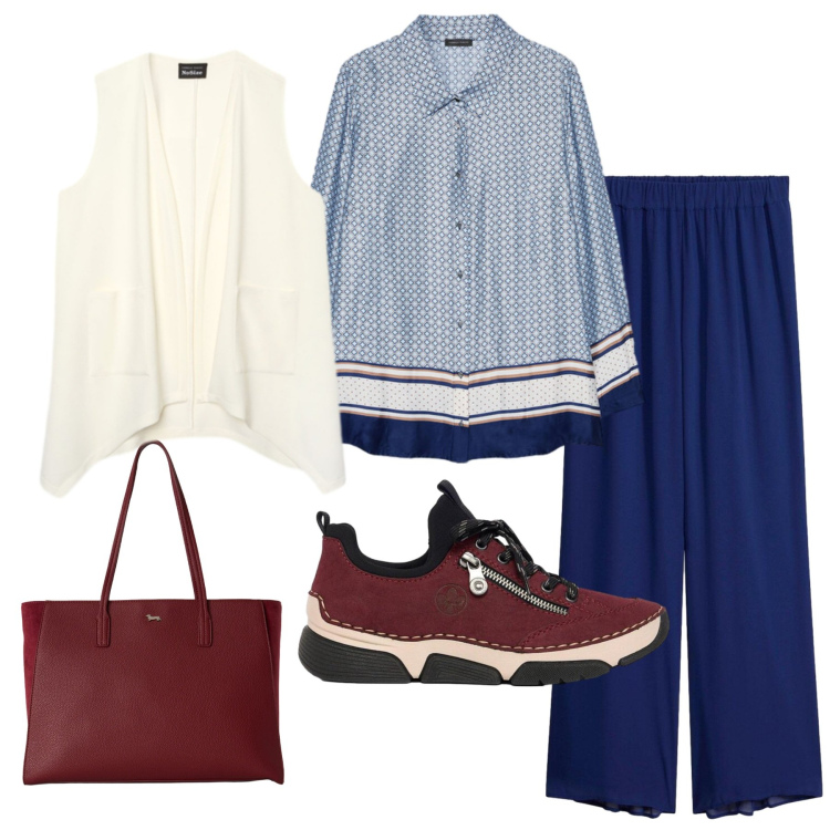 Outfit donna - Total look #2472050. Stile Urban per Tutti i giorni. Abbinamento con pantaloni, sneakers, shopping bag, camicie, gilet.