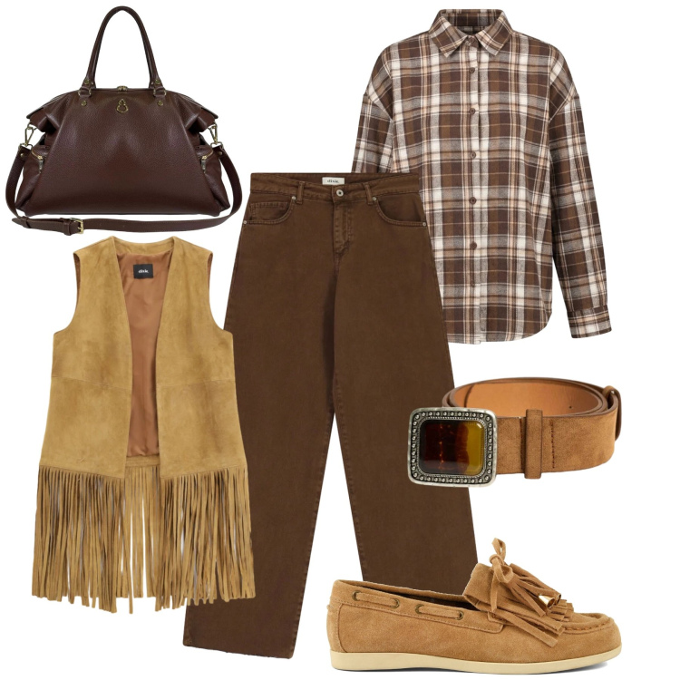 Outfit donna - Country in camoscio cognac. Stile Casual per Tutti i giorni. Abbinamento con gilet, jeans dritti, borse a spalla, cinture, camicie, mocassini.