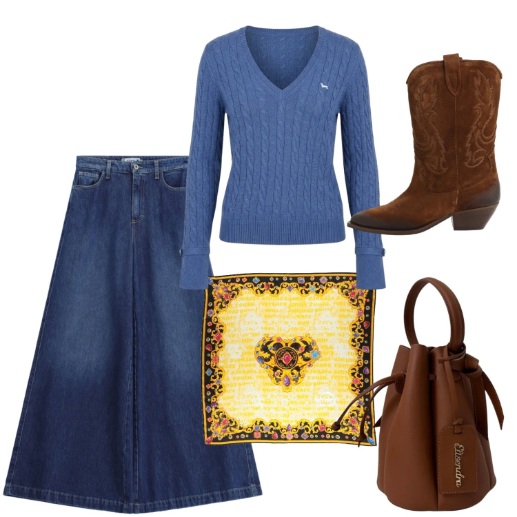 Outfit donna - Pantapalazzo con texani. Stile Casual chic per Tutti i giorni. Abbinamento con sciarpe, maglieria, stivaletti texani, jeans, borse a secchiello.