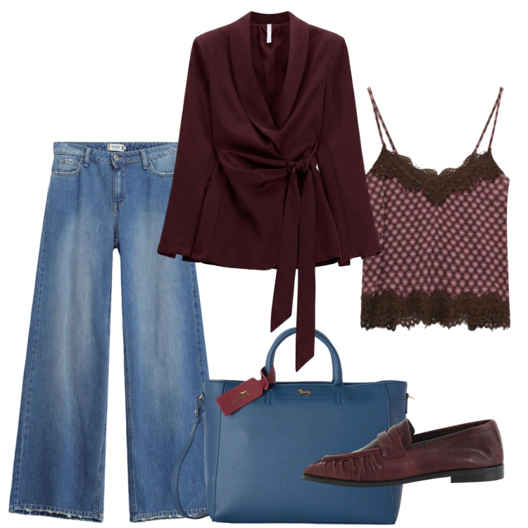 Outfit donna - Look moderno e versatile. Stile Casual per Ufficio. Abbinamento con borse a mano, blazer, top, mocassini, jeans dritti.