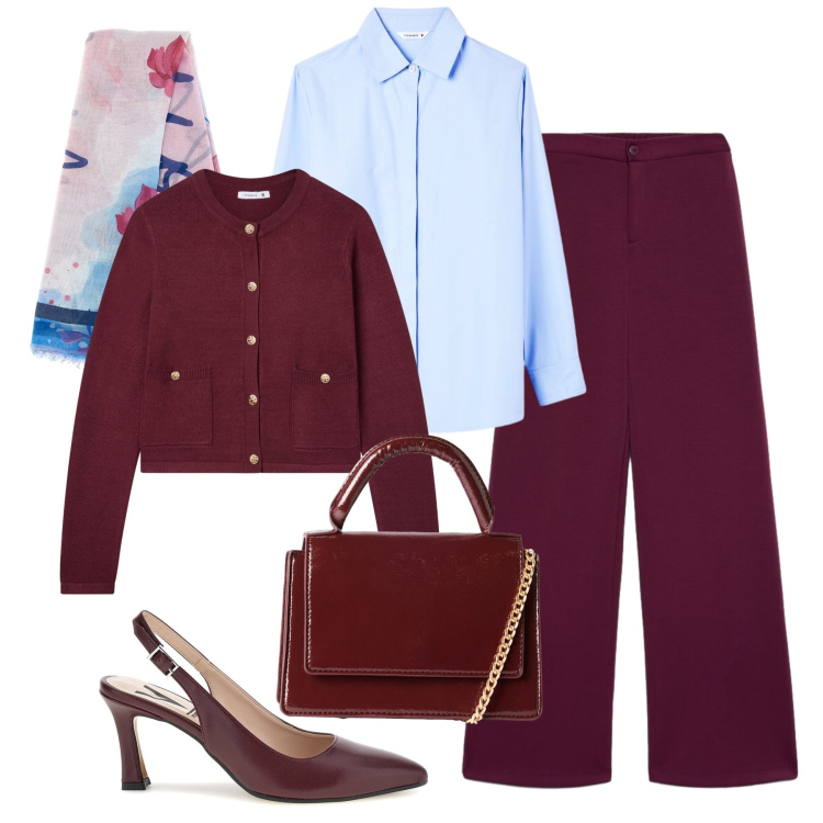 Outfit donna - Ufficio bordeaux twist azzurro. Stile Glamour per Ufficio. Abbinamento con borse a tracolla, cardigans, camicie, pantaloni a palazzo, foulard, décolleté.