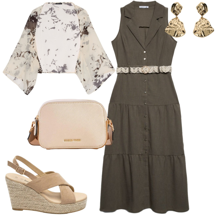 Outfit donna - Chemisier di transizione. Stile Urban per Tutti i giorni. Abbinamento con borse a tracolla, sandali col tacco, orecchini, vestiti chemisier, bolero.