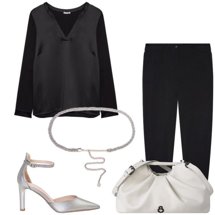 Outfit donna - Rachele. Stile Casual chic per Serata fuori. Abbinamento con décolleté, cinture, t-shirt, pantaloni, clutch.