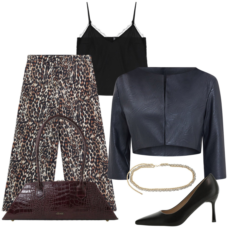 Outfit donna - Regina. Stile Glamour per Tutti i giorni. Abbinamento con décolleté, pantaloni a palazzo, top, borse a spalla, cinture, bolero.