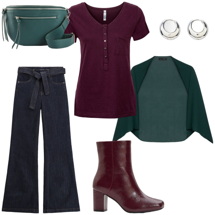 Outfit donna - Rientro in ufficio - Ips. Stile Casual per Tutti i giorni. Abbinamento con stivaletti, t-shirt, marsupi, orecchini, jeans a zampa, blazer.