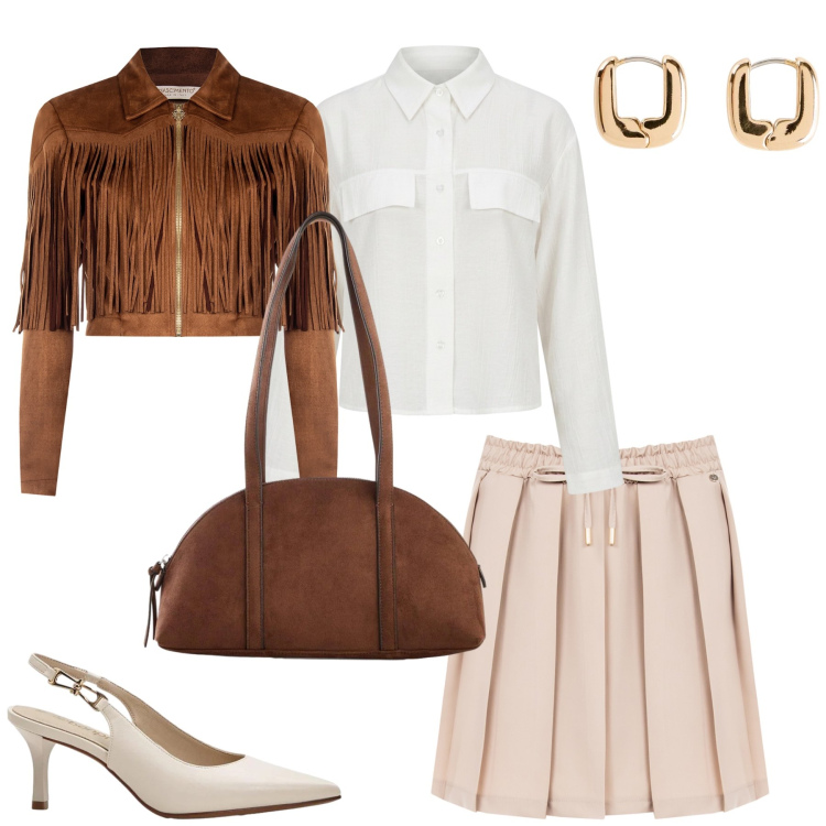 Outfit donna - Brigitte. Stile Casual chic per Tutti i giorni. Abbinamento con décolleté, borse a tracolla, orecchini, giacche, minigonne, camicie.