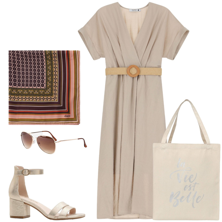 Outfit donna - Mara. Stile Casual chic per Tutti i giorni. Abbinamento con sandali col tacco, occhiali da sole, foulard, borse tote, vestiti midi/longuette.