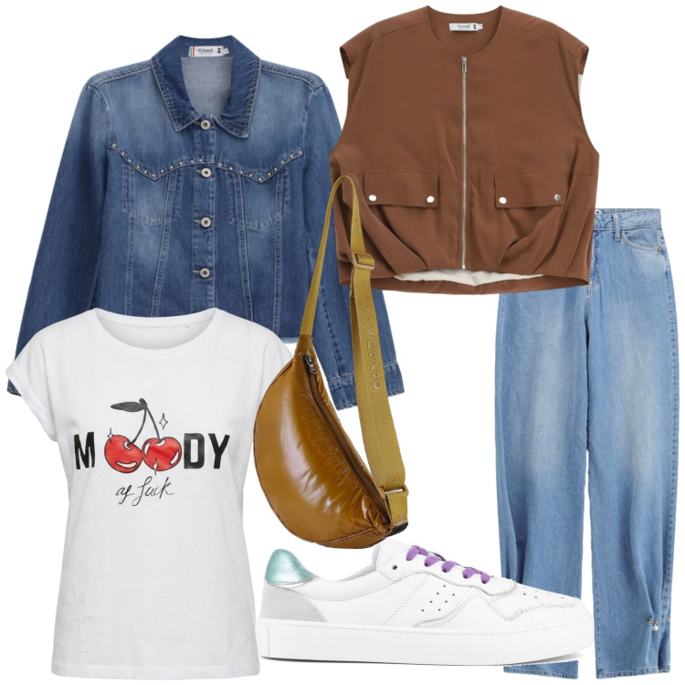 Outfit donna - Cinzia. Stile Casual chic per Tutti i giorni. Abbinamento con blazer, gilet, jeans, t-shirt, borse a tracolla, sneakers.