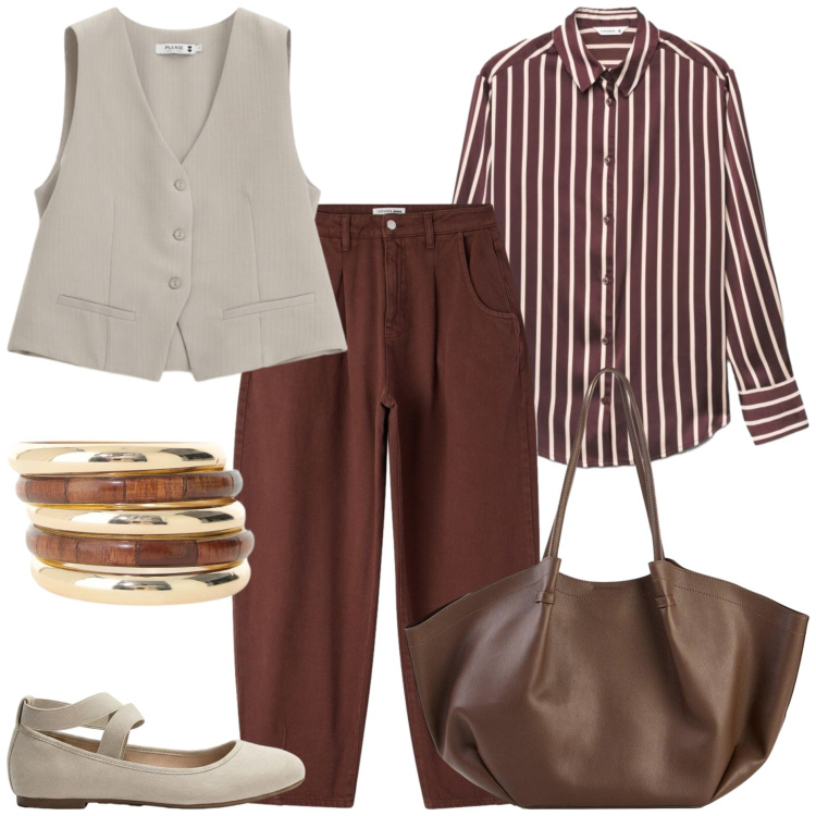 Outfit donna - Chic Urban Layering low cost. Stile Casual chic per Tutti i giorni. Abbinamento con shopping bag, ballerine, pantaloni, camicie, braccialetti, gilet.