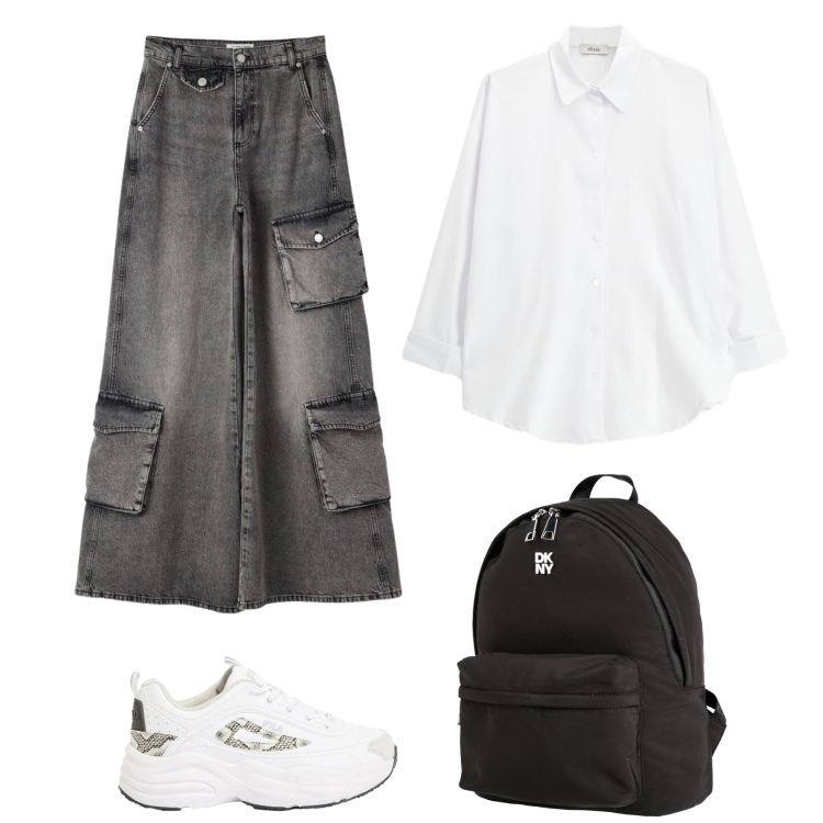 Outfit donna - Back to shool. Stile Casual chic per Scuola/Università. Abbinamento con zaini, sneakers, camicie, jeans.