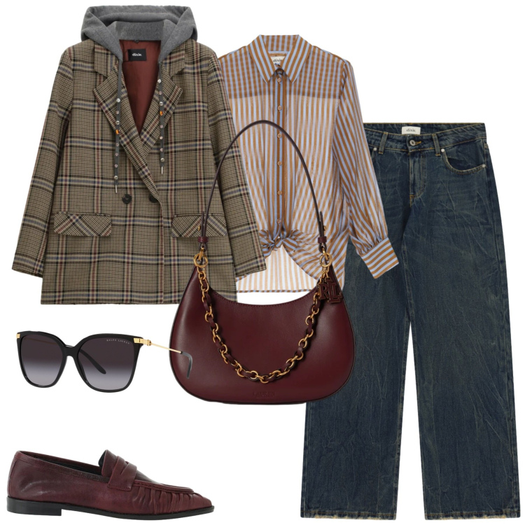 Outfit donna - Tartan & fall colors. Stile Casual chic per Tutti i giorni. Abbinamento con blazer, camicie, jeans, mocassini, occhiali da sole, borse a spalla.