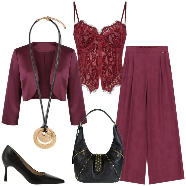 Outfit donna - Total look #2472182. Stile Glamour per Serata fuori. Abbinamento con décolleté, pantaloni a palazzo, top, bolero, ciondoli, borse a spalla.