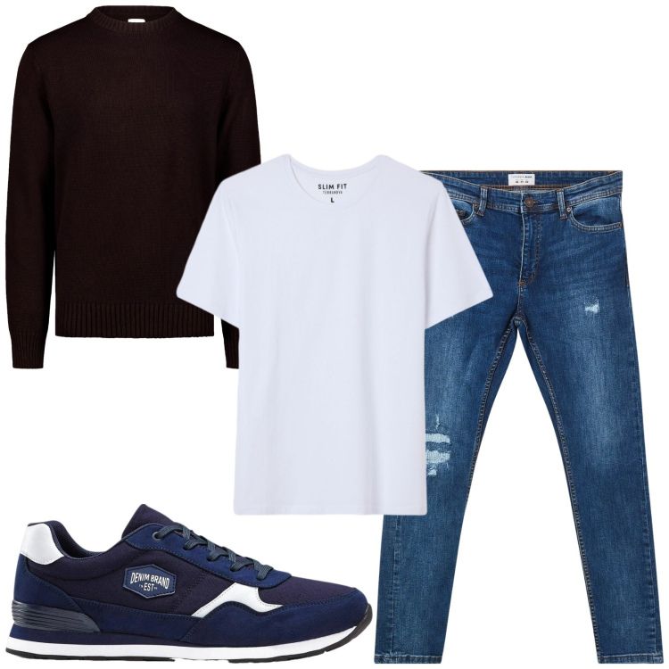 Outfit uomo - Total look #2472183. Stile Casual per Tutti i giorni. Abbinamento con sneakers, maglieria, jeans strappati, t-shirt.