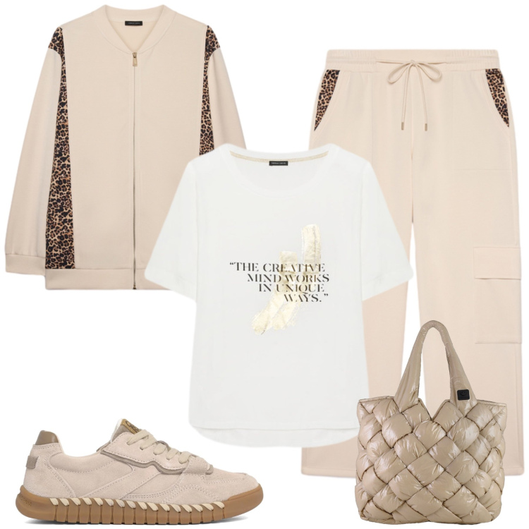 Outfit donna - Gioia. Stile Casual chic per Tutti i giorni. Abbinamento con t-shirt, pantaloni cargo, felpe, borse tote, sneakers.