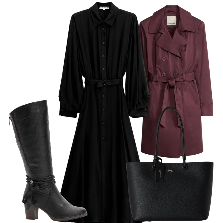 Outfit donna - Giulia. Stile Glamour per Serata fuori. Abbinamento con stivali, trench, shopping bag, vestiti lunghi.
