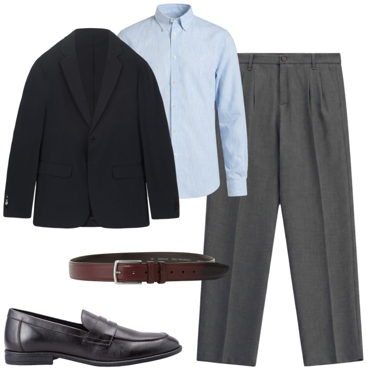 Outfit uomo - In ufficio. Stile Business/Elegante per Ufficio. Abbinamento con camicie, cinture, pantaloni, giacche, scarpe stringate.