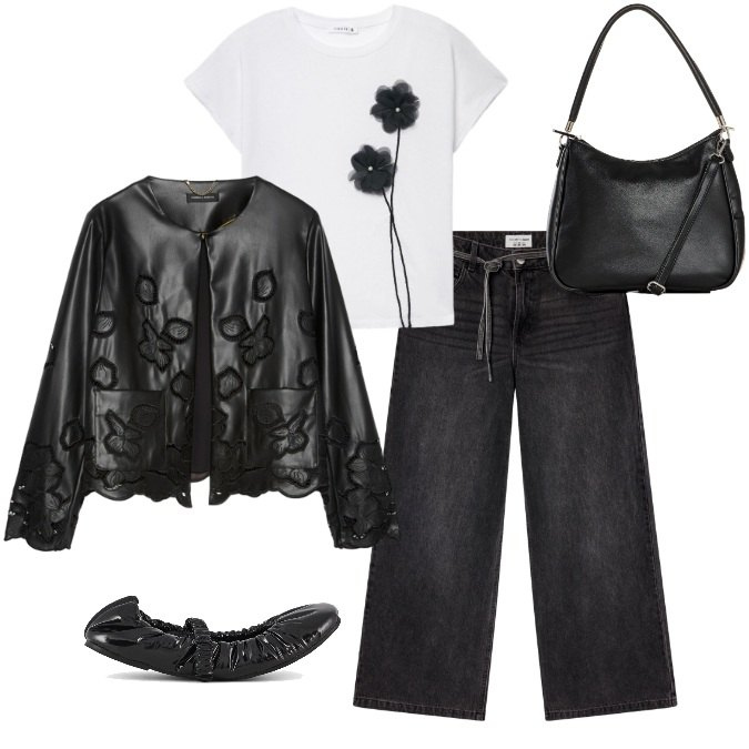 Outfit donna - Total look #2472187. Stile Rock per Serata fuori. Abbinamento con borse a mano, jeans, t-shirt, blazer, ballerine.