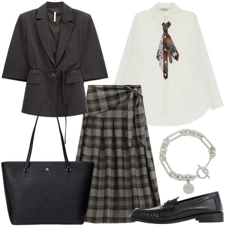 Outfit donna - Tartan e Fall Colors. Stile Casual chic per Tutti i giorni. Abbinamento con mocassini, blazer, camicie, gonne longuette, borse tote, braccialetti.