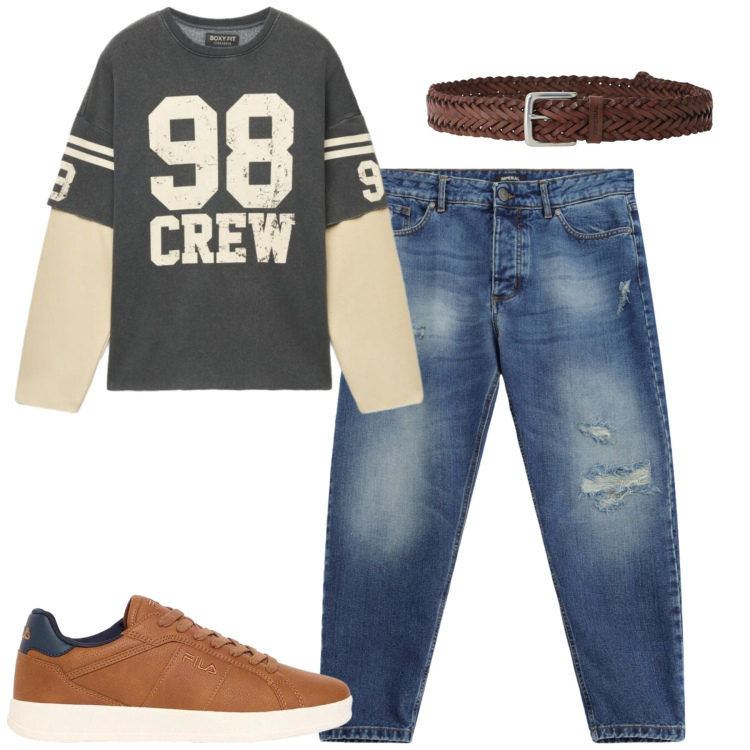 Outfit uomo - Settembre. Stile Casual per Tutti i giorni. Abbinamento con sneakers, jeans strappati, cinture, felpe.