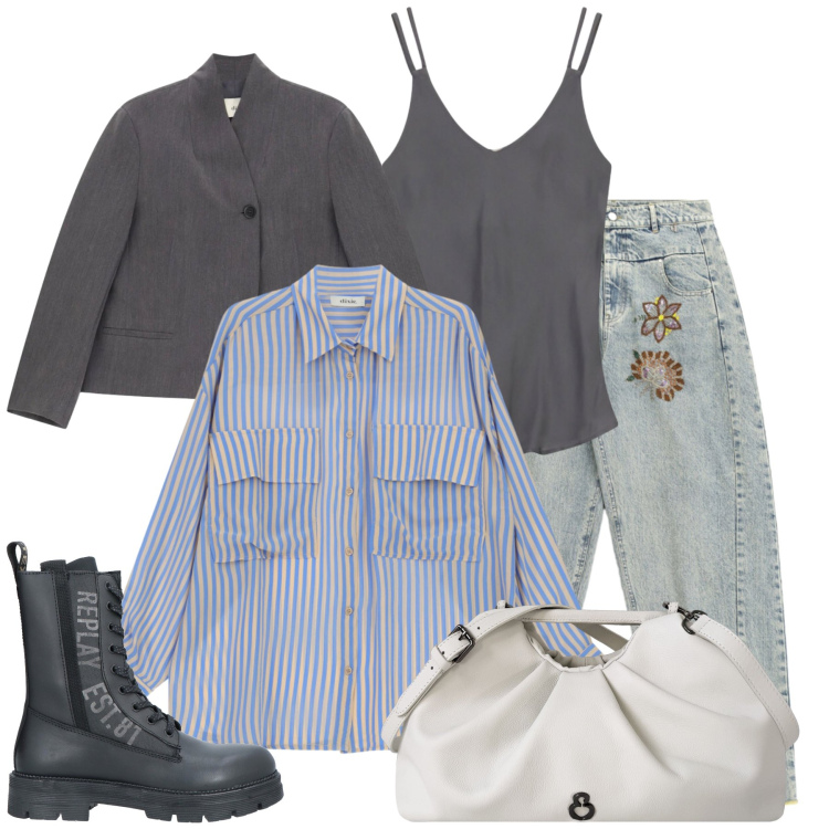 Outfit donna - Evelin. Stile Casual chic per Tutti i giorni. Abbinamento con anfibi, jeans, camicie, top, blazer, clutch.