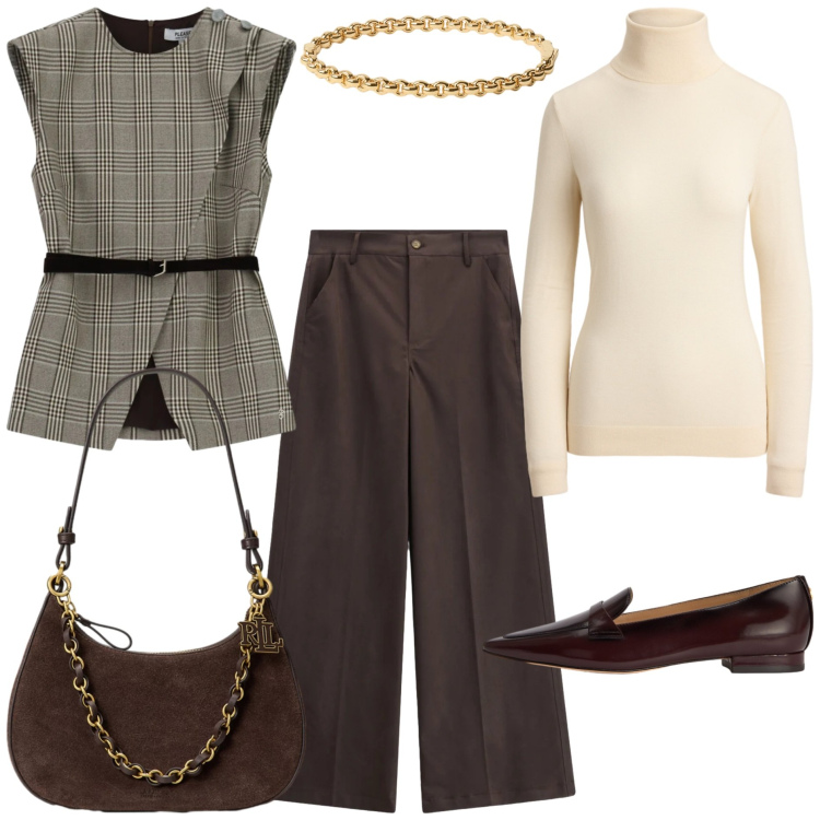 Outfit donna - Tartan & Fall Colors Chic. Stile Chic per Tutti i giorni. Abbinamento con pantaloni a palazzo, gilet, borse a spalla, mocassini, braccialetti, pullovers.