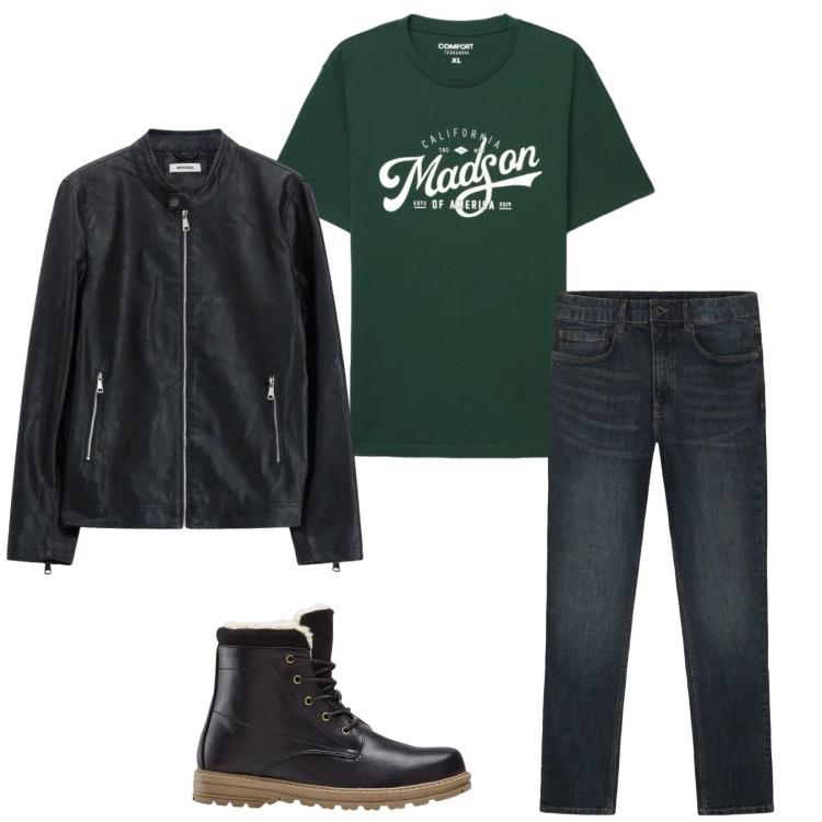 Outfit uomo - Total look #2472209. Stile Urban per Tutti i giorni. Abbinamento con stivali e stivaletti, giacche, jeans, t-shirt.