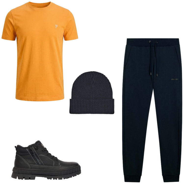 Outfit uomo - Total look #2472211. Stile Casual per Sport. Abbinamento con stivali e stivaletti, t-shirt, berretti, pantaloni.